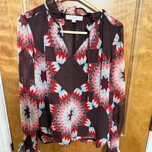LOFT Women's Blouse with Red and Pink Geometric Pattern